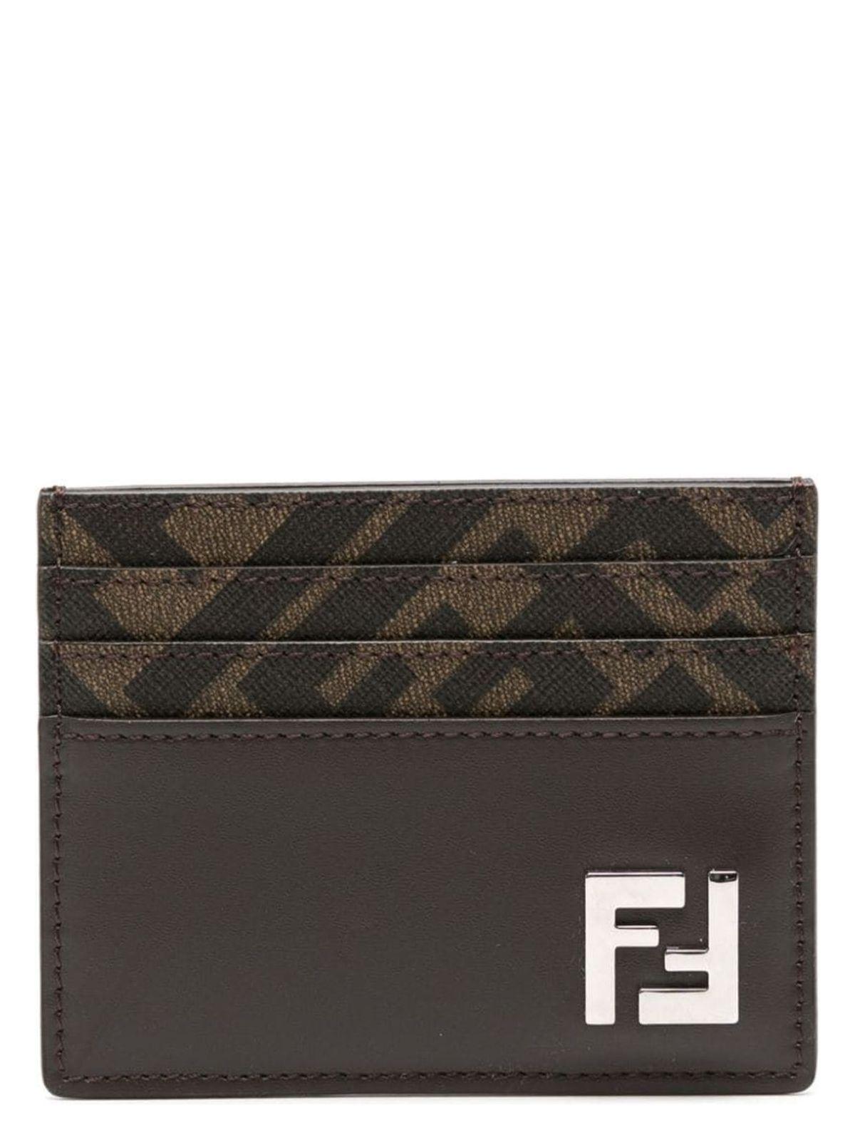 FENDI Brown Card-holder With Squared Ff Motif In Leather And Ff Canvas Man In Ebony Product Image
