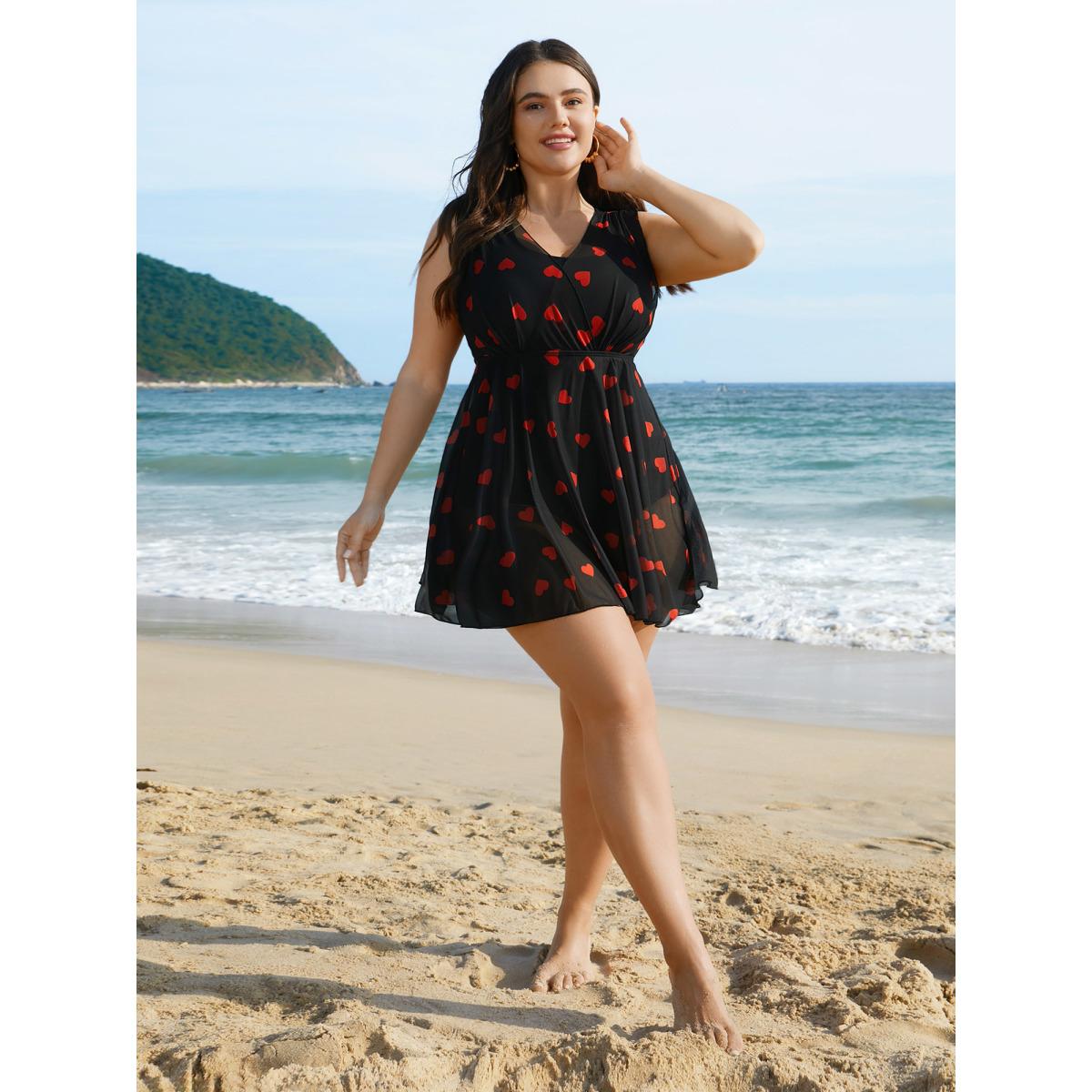 Plus Size Sheer Hearts Mesh Wrap Neck Swim Dress Women's Swimwear Black Beach Bodycon Overlap Collar High stretch Curve Swim Dresses BloomChic 26/4X Product Image