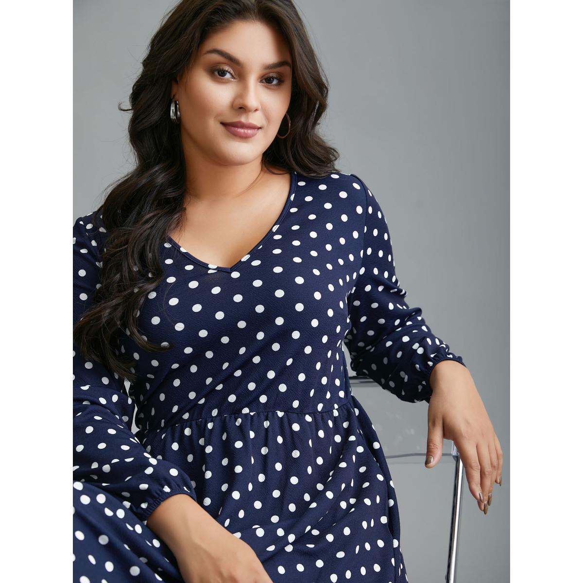 Plus Size V Neck Polka Dot Midi Dress DarkBlue Women Casual Non Knit Dresses Bloomchic 30/6X Product Image