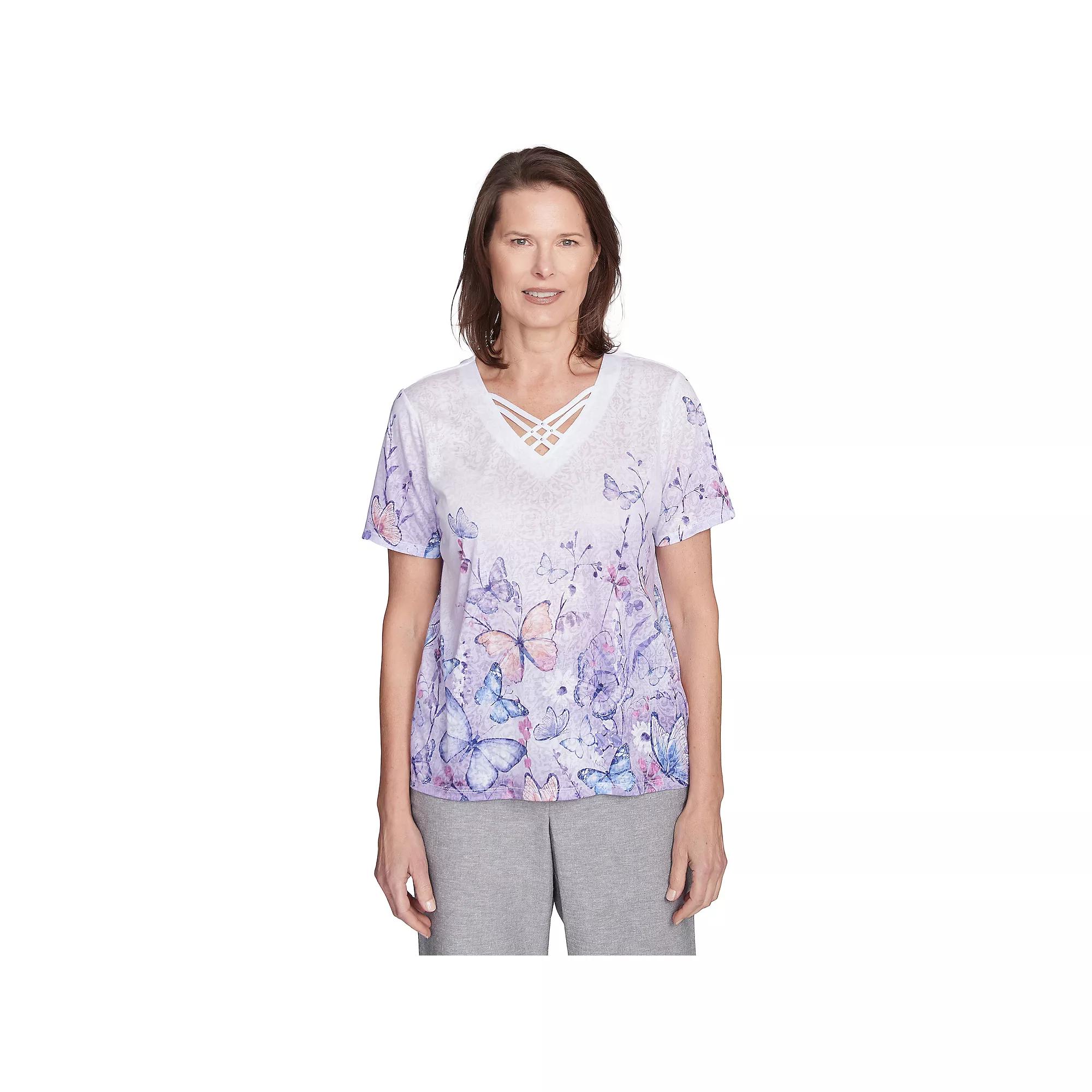 Petite Alfred Dunner Criss Cross Ombre Butterfly Tee, Women's, Size: Large Petite, Purple Product Image