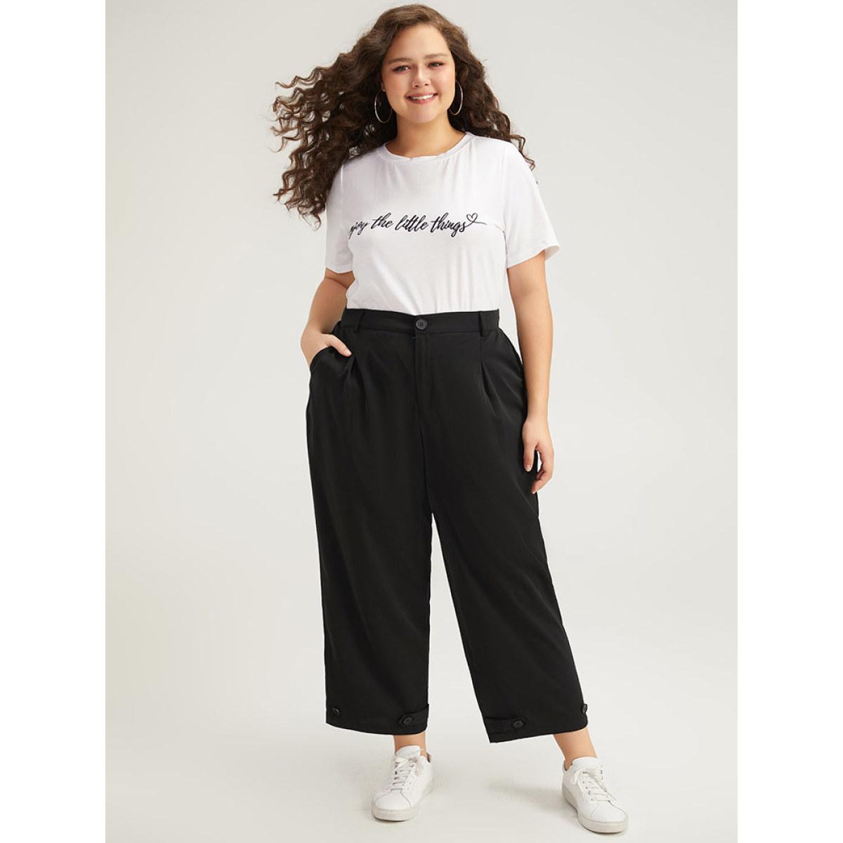 Plus Size Solid Pocket Button Up Straight Leg Pants Women Black Casual Straight Leg High Rise Dailywear Pants BloomChic 22-24/3X Product Image