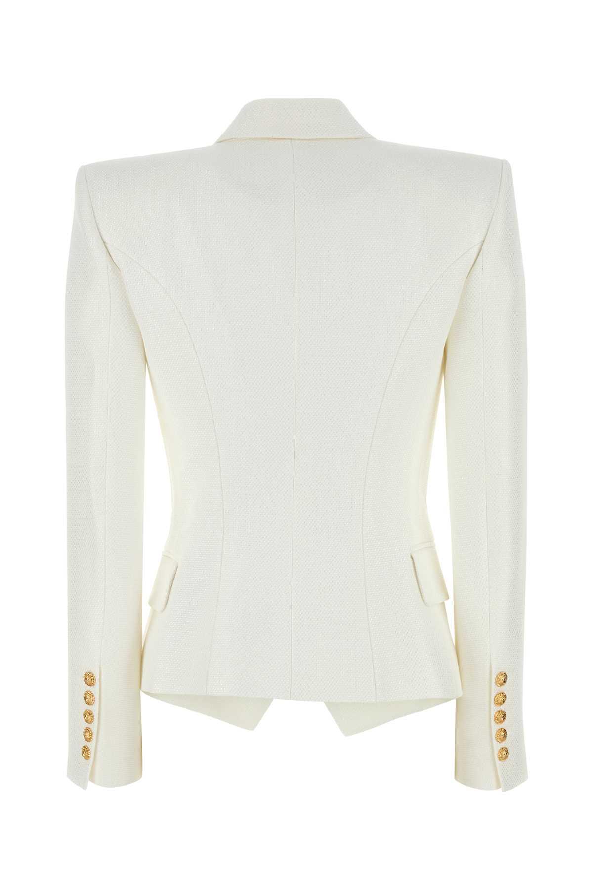BALMAIN Double-breasted Structured Denim Blazer With Peak Lapel In White Product Image