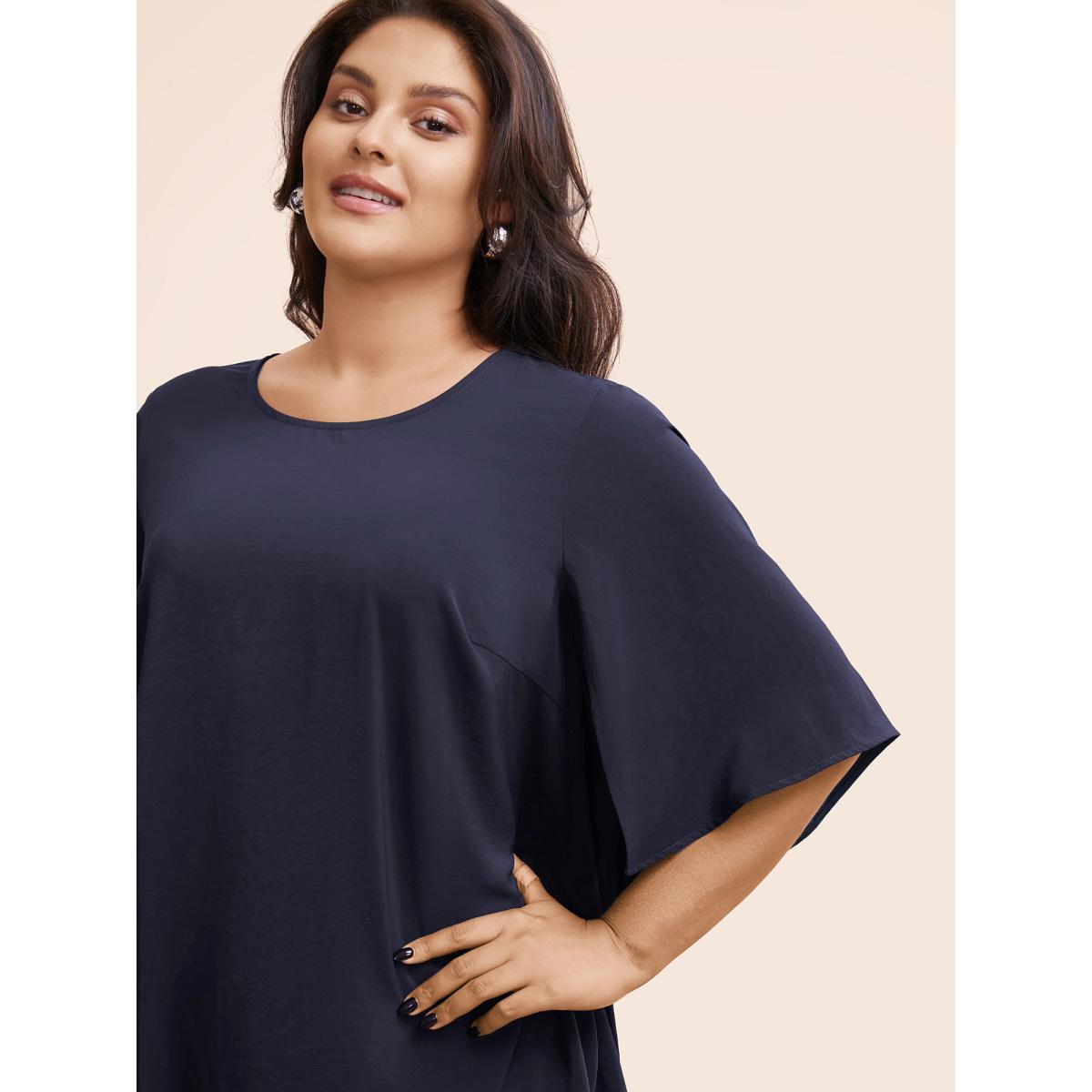 Plus Size Indigo Plain Mesh Flutter Sleeve Hanky Hem Blouse Women Office Elbow-length sleeve Round Neck Dailywear Blouses BloomChic 30/6X Product Image