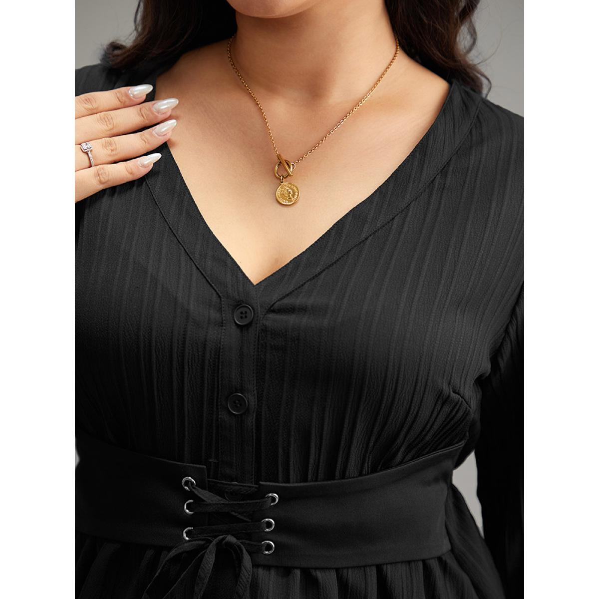 Plus Size Black Solid Textured Button Detail Lace Up Blouse Women At the Office Long Sleeve V-neck Office Blouses BloomChic 28/5X Product Image