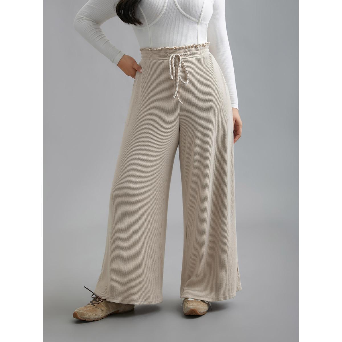 Plus Size Solid Drawstring Fit Stretch Pants Women Apricot Casual Wide Leg Mid Rise Everyday Pants BloomChic 12/L Product Image