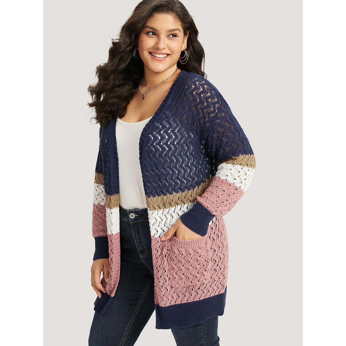 Plus Size Colorblock Eyelet Patched Pocket Cardigan Multicolor Women Casual Loose Long Sleeve Dailywear Cardigans BloomChic 26/4X Product Image