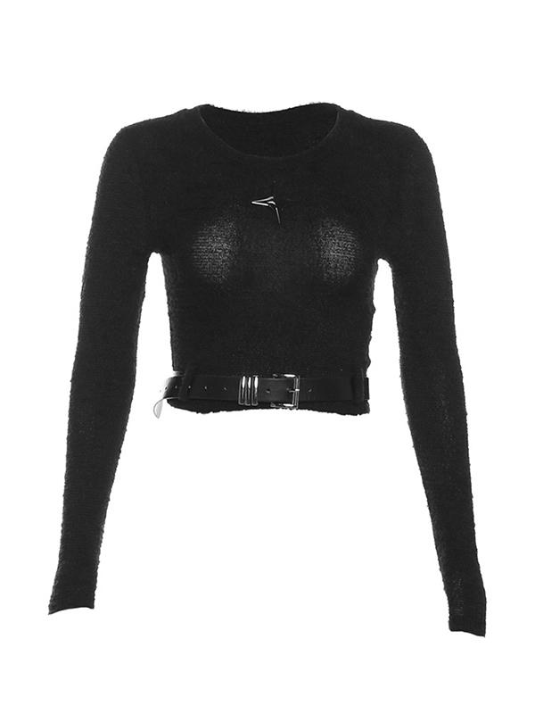 Metal Star Decor Belted Hem Cropped Long Sleeve Knit Product Image