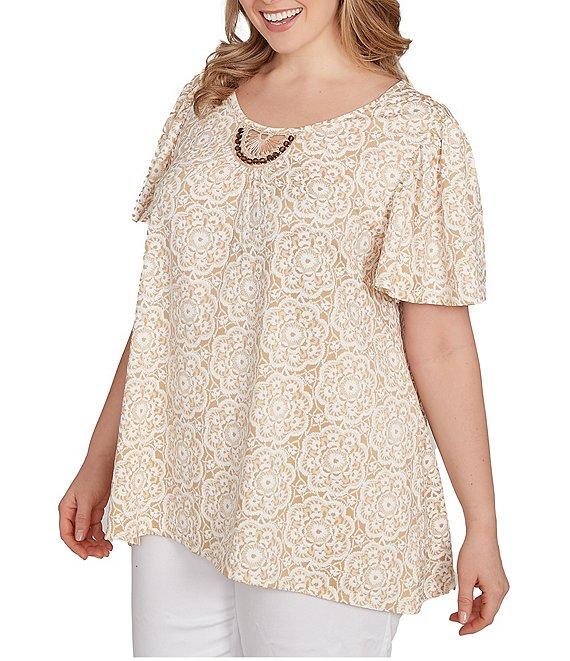 Ruby Rd. Plus Size Embellished Beaded Macrame Scoop Neck Short Sleeve Top Product Image