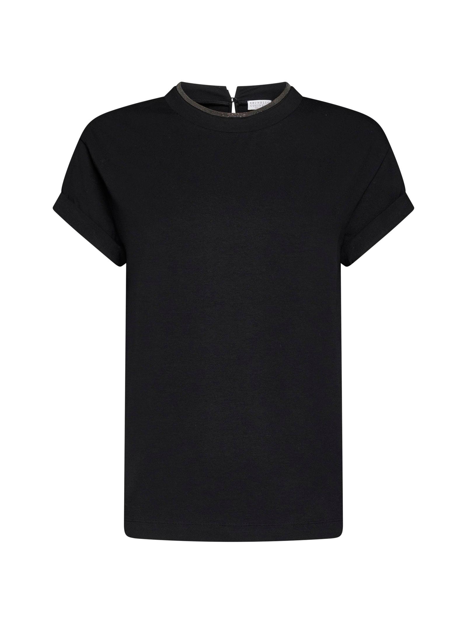 BRUNELLO CUCINELLI Women Stretch Cotton Jersey T-shirt With Precious Faux-layering In Black Product Image