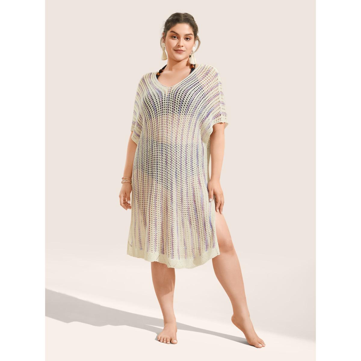 Plus Size Contrast Heather Pointelle Knit Batwing Sleeve Swim Cover Up Women's Swimwear Ivory Beach Contrast Curve Swim Cover Ups BloomChic 14-16/1X Product Image