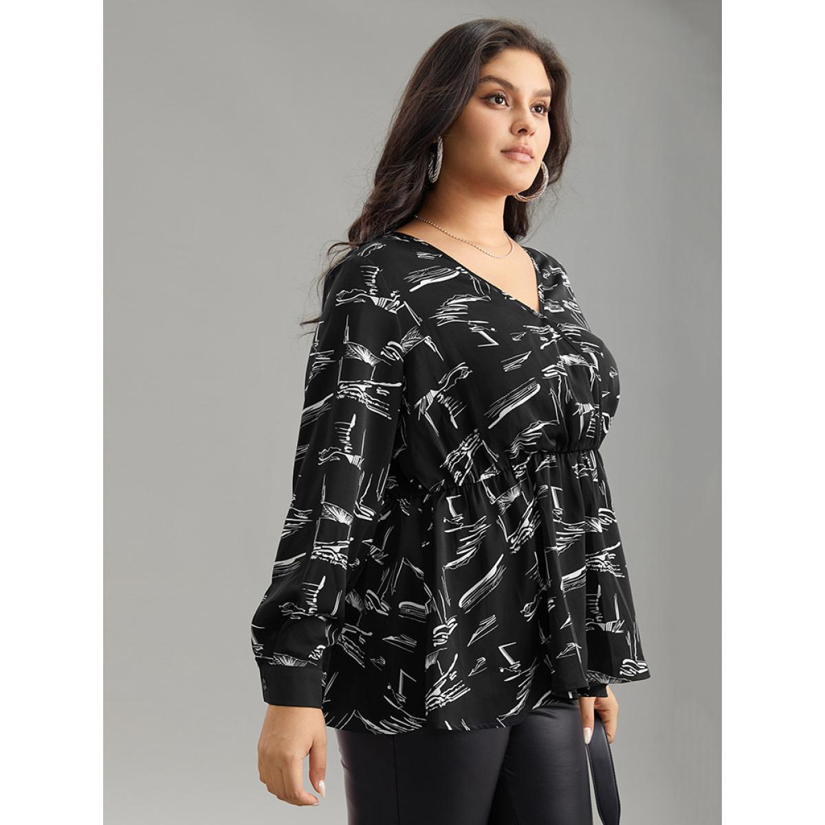 Plus Size BlackFlower Geometric Wrap Elastic Waist Ruffle Hem Blouse Women Office Long Sleeve Overlap Collar Work Blouses BloomChic 28/5X Product Image