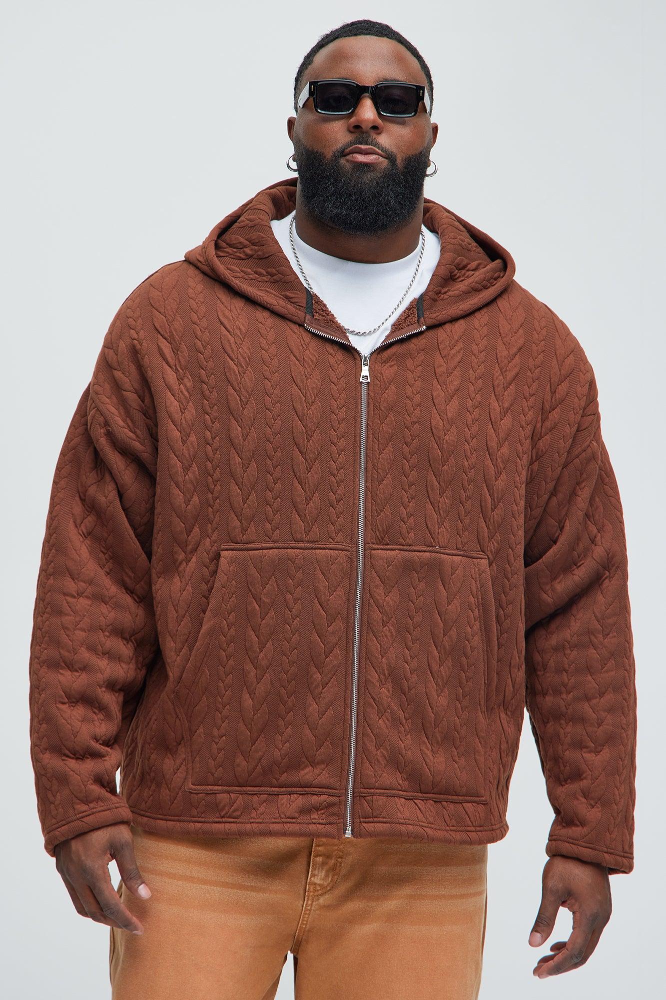 Lane Cable Knit Zip Up Hoodie - Brown Product Image