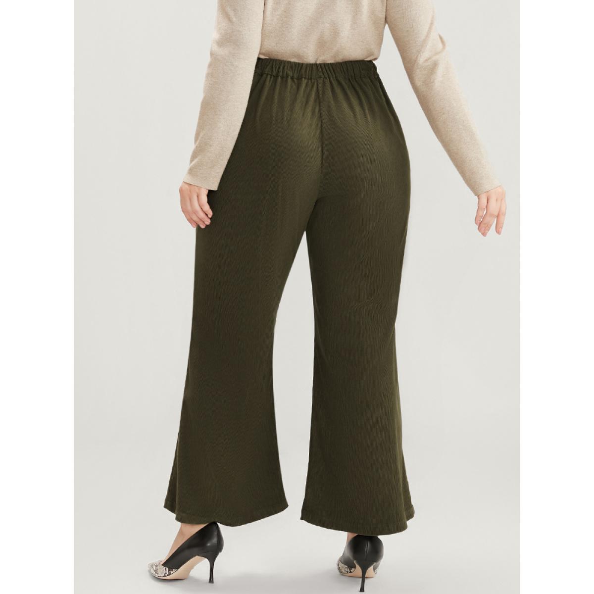 Plus Size Solid Elastic Waist Pocket Corduroy Bootcut Pants Women ArmyGreen Office Bootcut Mid Rise Work Pants BloomChic 30/6X Product Image
