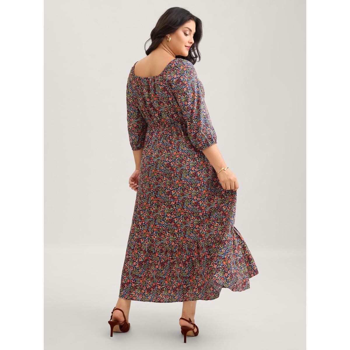 Plus Size Ditsy Floral Woven Ribbon Maxi Dress Navy Women Timeless Woven ribbon&lace trim Heart neckline Elbow-length sleeve Curvy BloomChic 18-20/2X Product Image