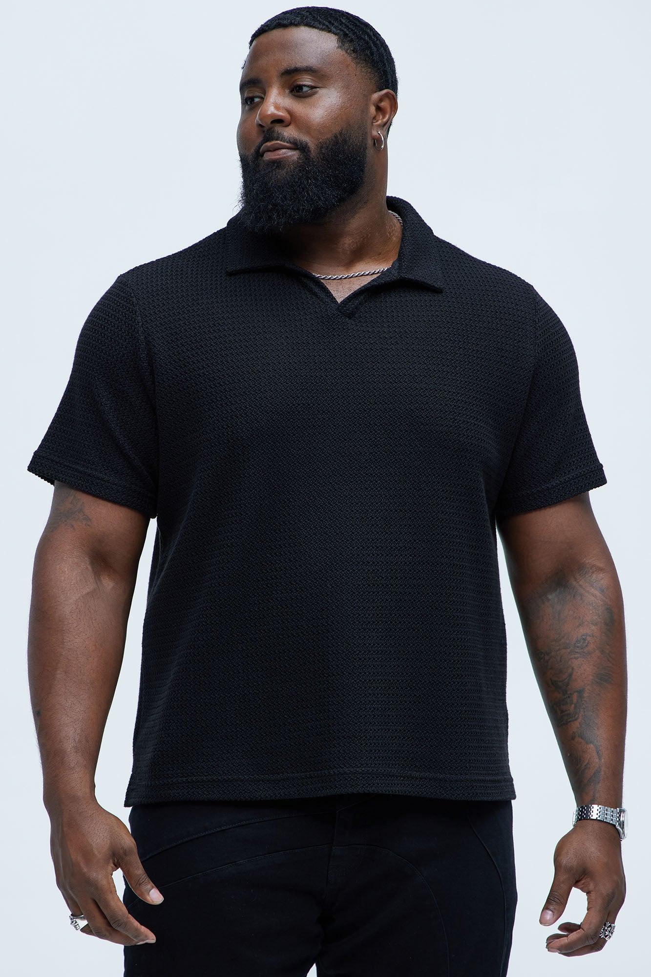 Raffia Texture Knit Johnny Collar Shirt - Black Product Image