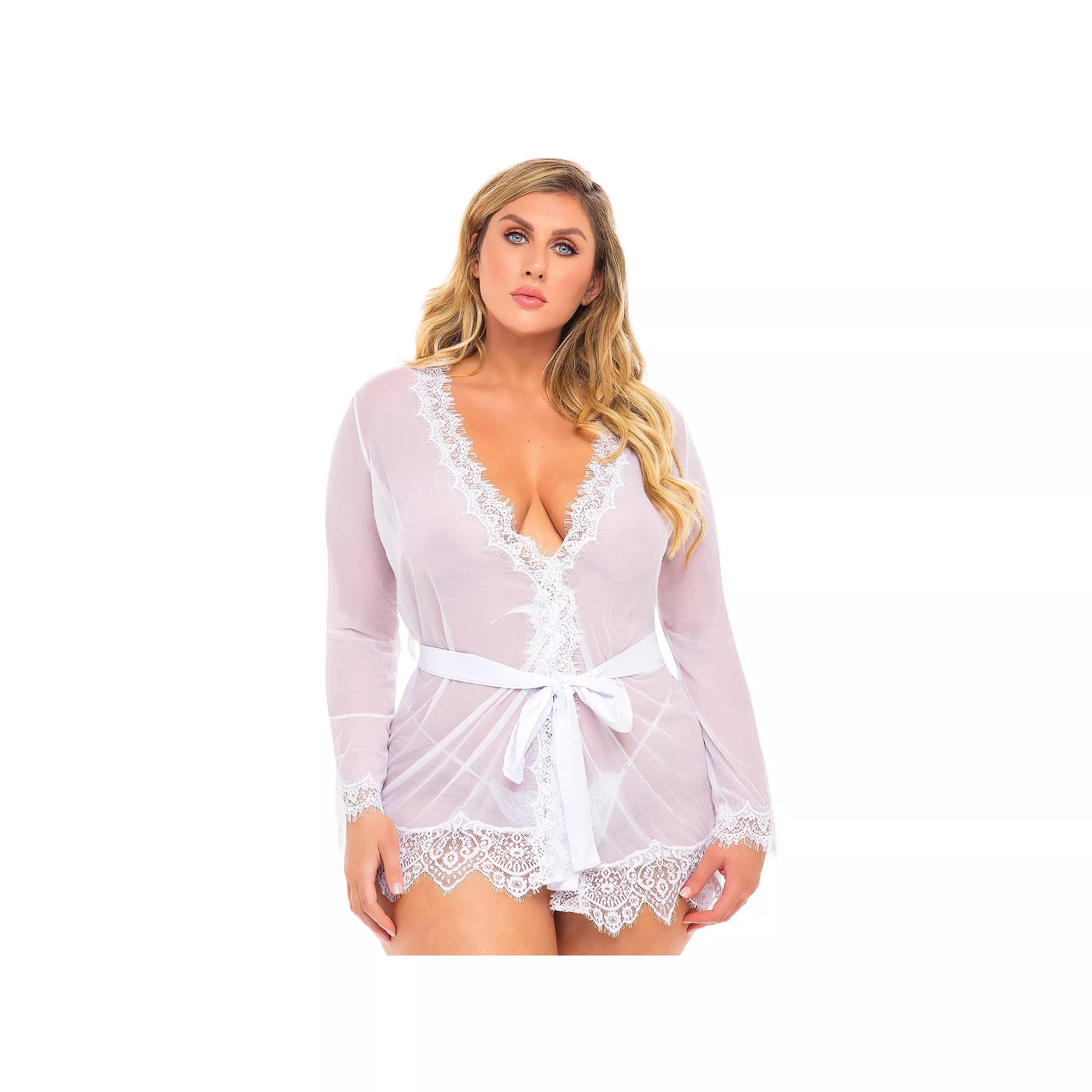 Plus Size Oh La La Cheri Provence Eyelash Lace Robe & G-String Set 94-11136X, Women's, Size: 3XL-4XL, White Product Image