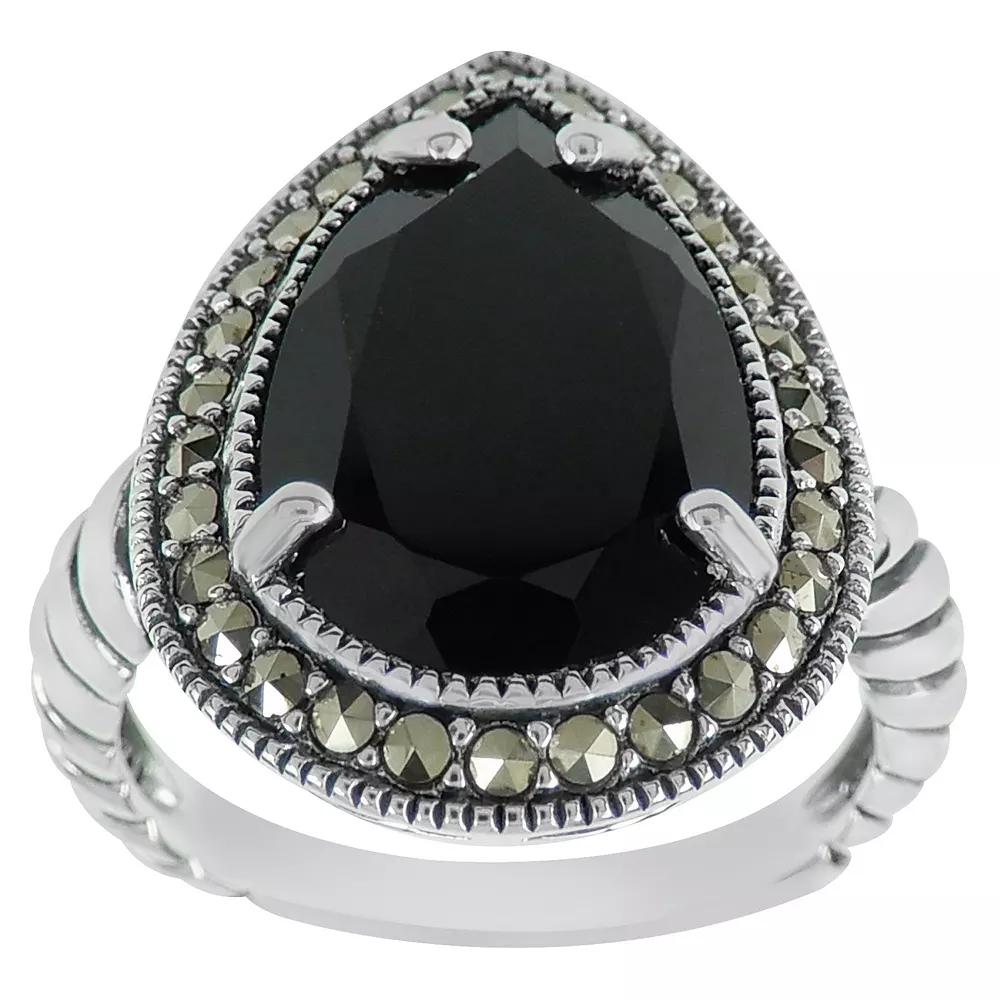 Lavish by TJM Sterling Silver Onyx & Marcasite Drop Halo Ring, Women's, Size: 9 Product Image