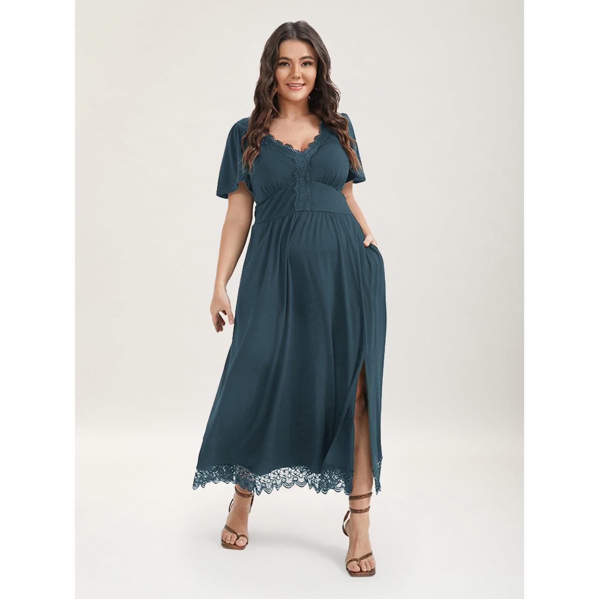 Plus Size Solid Pocket Contrast Lace Split Maxi Dress Aegean Women Romantic Patchwork V-neck Short sleeve Curvy Long Dress BloomChic 26/4X Product Image