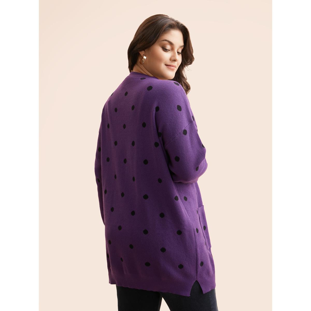 Plus Size Polka Dot Kimono Collar Patch Pocket Cardigan Deeppurple Women Casual Loose Long Sleeve Everyday Cardigans BloomChic 30/6X Product Image