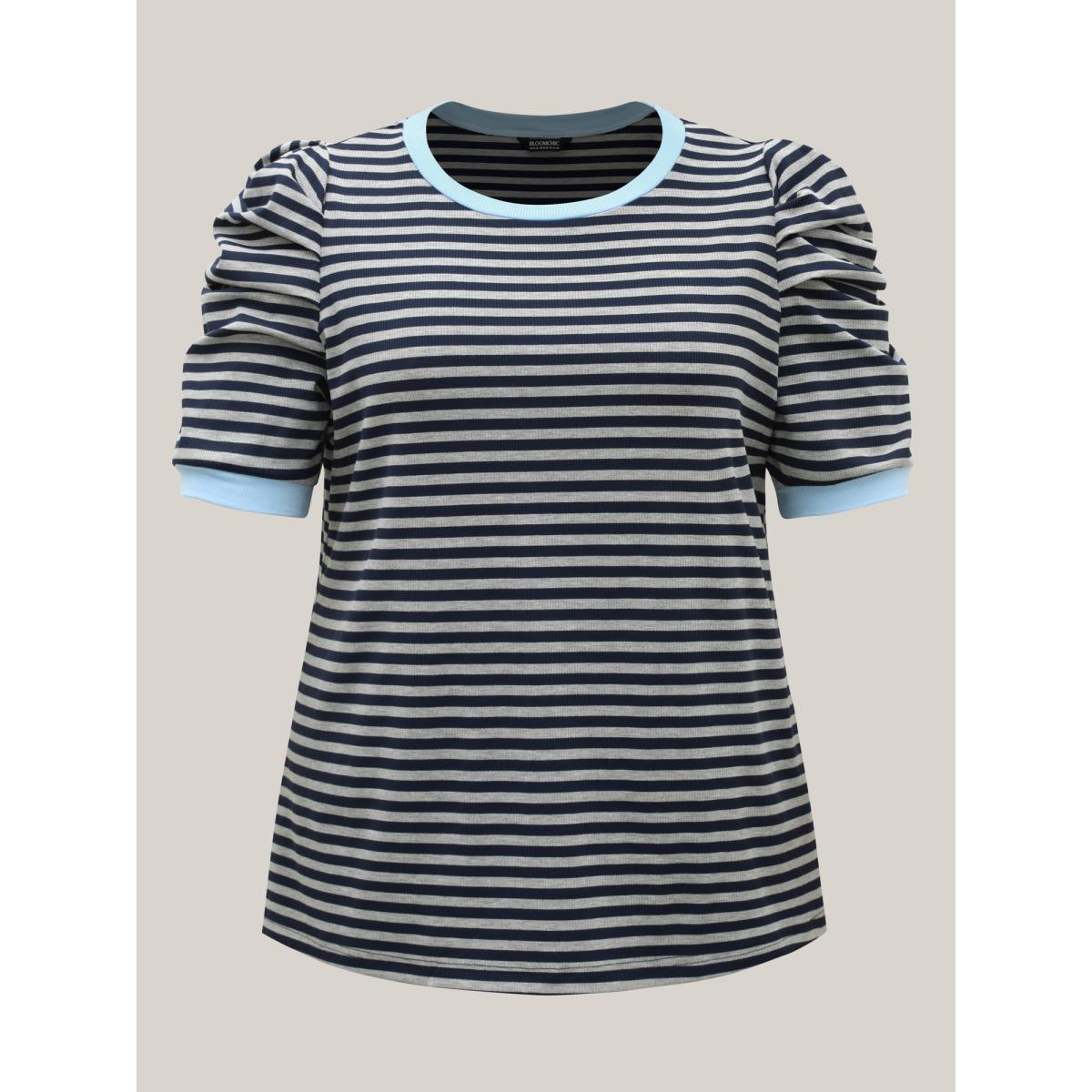 Plus Size Textured Stripes Color Contrast T-Shirt Indigo Women Texture Round Neck Everyday-Casual T-shirts BloomChic 14-16/1X Product Image