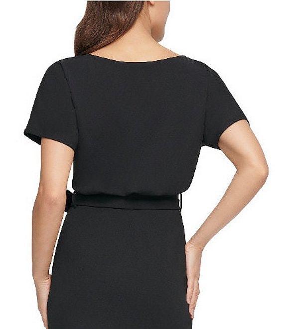 Kensie Textured Knit Boat Neck Self-Tie Waist Faux Wrap Blouson Dress Product Image