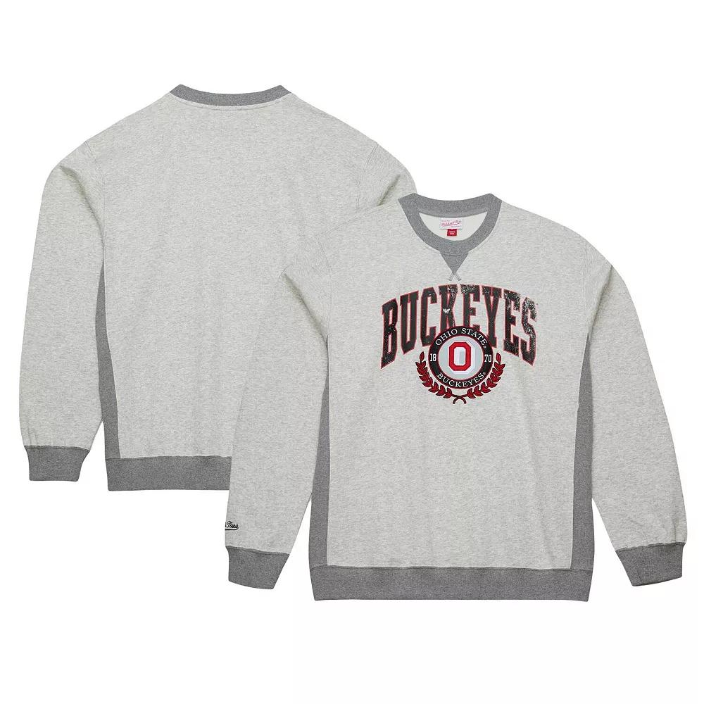 Men's Mitchell & Ness Heather Gray Ohio State Buckeyes Arched Fleece Crewneck Pullover Sweatshirt, Size: Medium, Grey Product Image