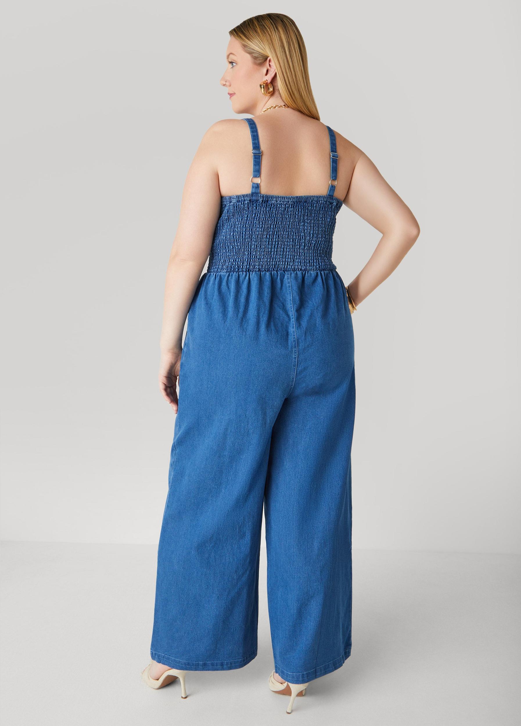 Plus Size Shirred Denim Wide Leg Jumpsuit Ashley Stewart Product Image