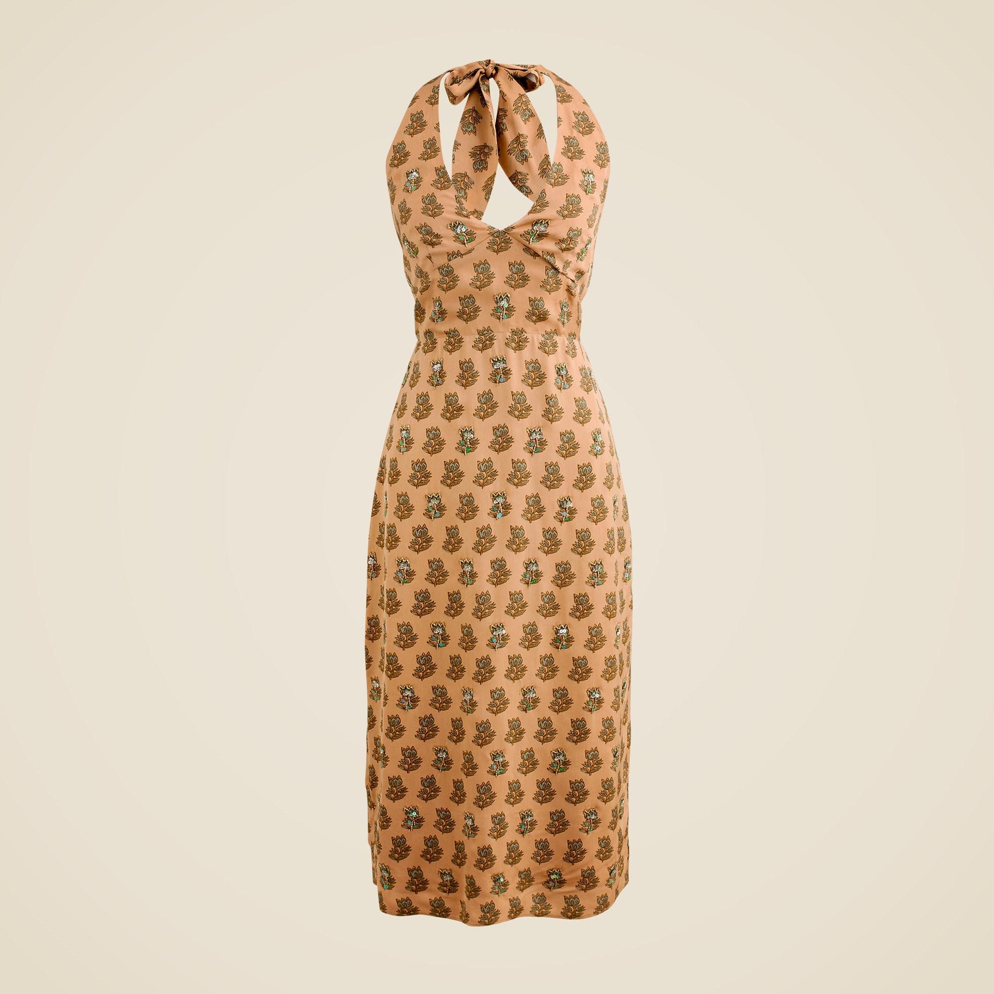 Collection embellished halter dress in tonal tulip block print Product Image