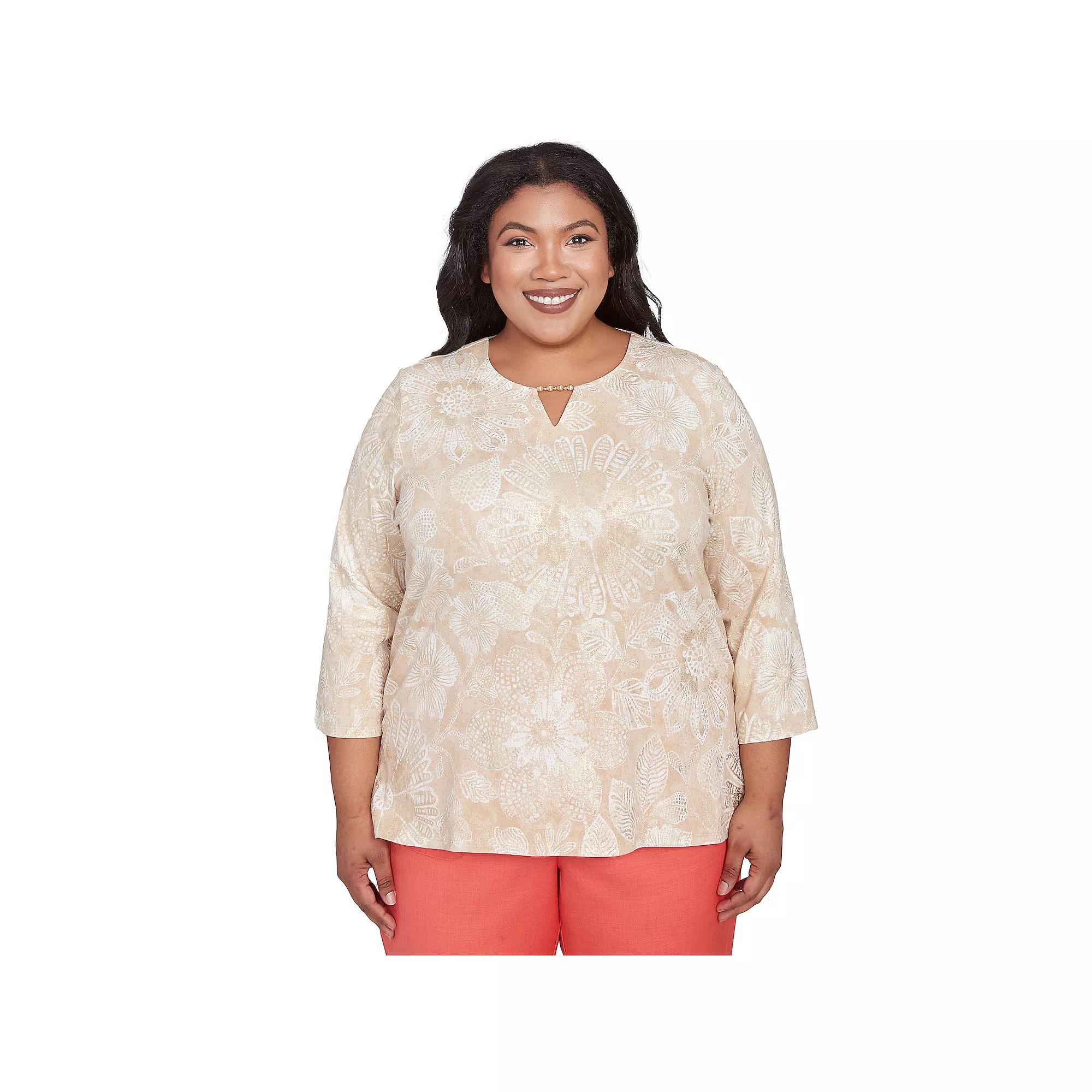 Plus Size Alfred Dunner Textured Floral Foil Accent Top, Women's, Size: 2XL, Linen Product Image