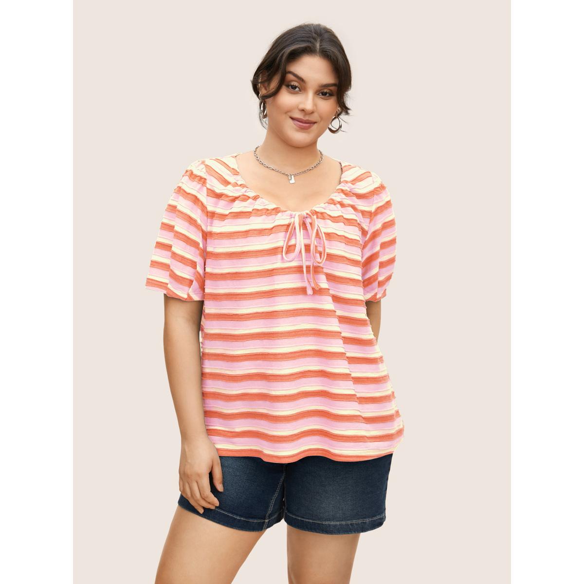 Plus Size V Neck Textured Striped Tie Knot T-shirt Blush Women Casual Texture V-neck Everyday T-shirts BloomChic 12/L Product Image