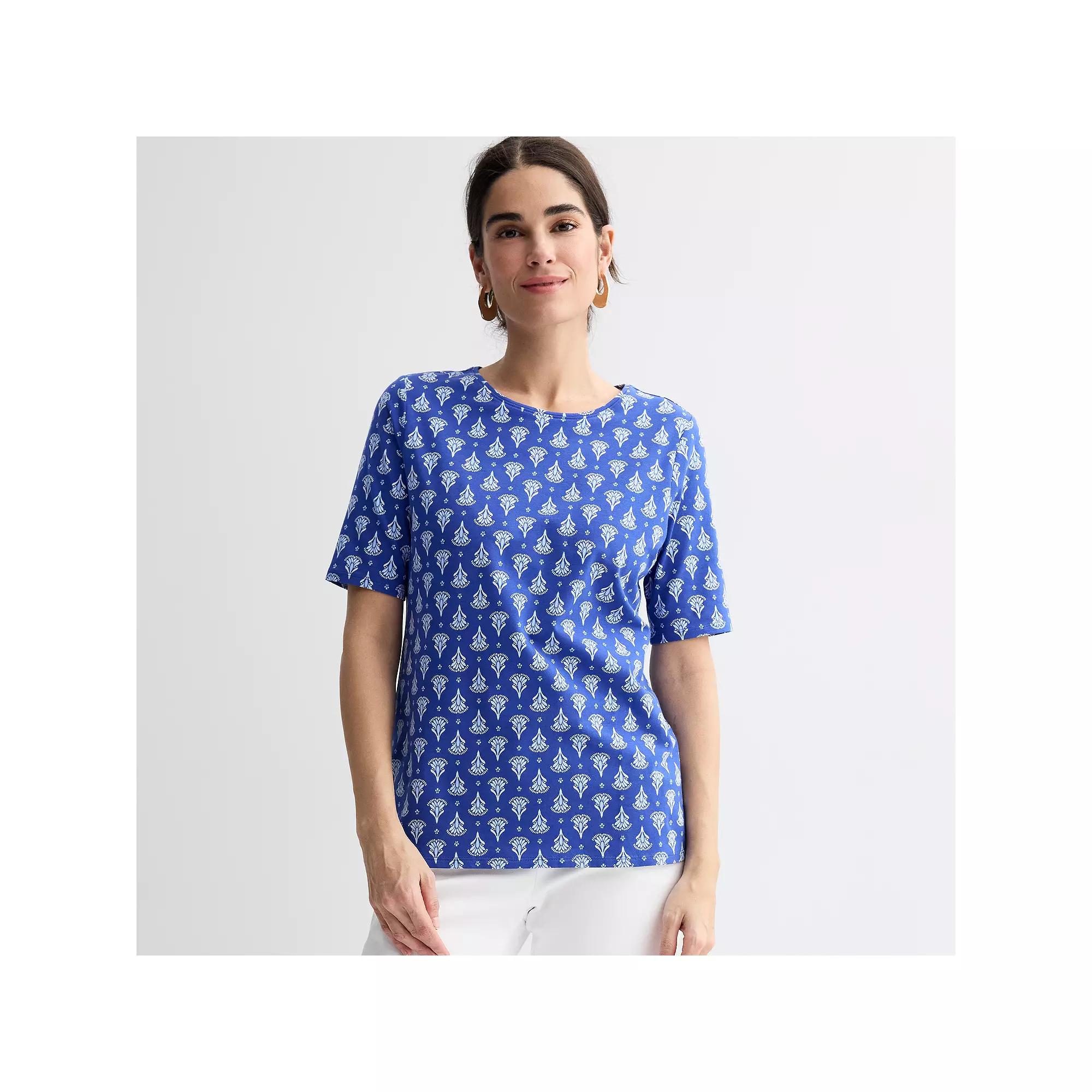 Women's Croft & Barrow® Elbow Sleeve Printed Basic Tee, Size: Medium, Blue Fan Tile Product Image