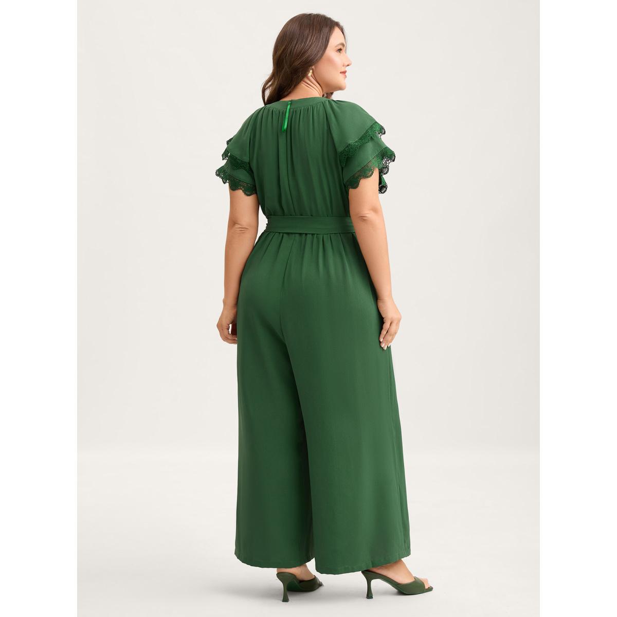 Plus Size DarkGreen Layered Lace Sleeve Belted Solid Jumpsuit Women Cap Sleeve Round Neck Elegant Loose Jumpsuits BloomChic 26/4X Product Image