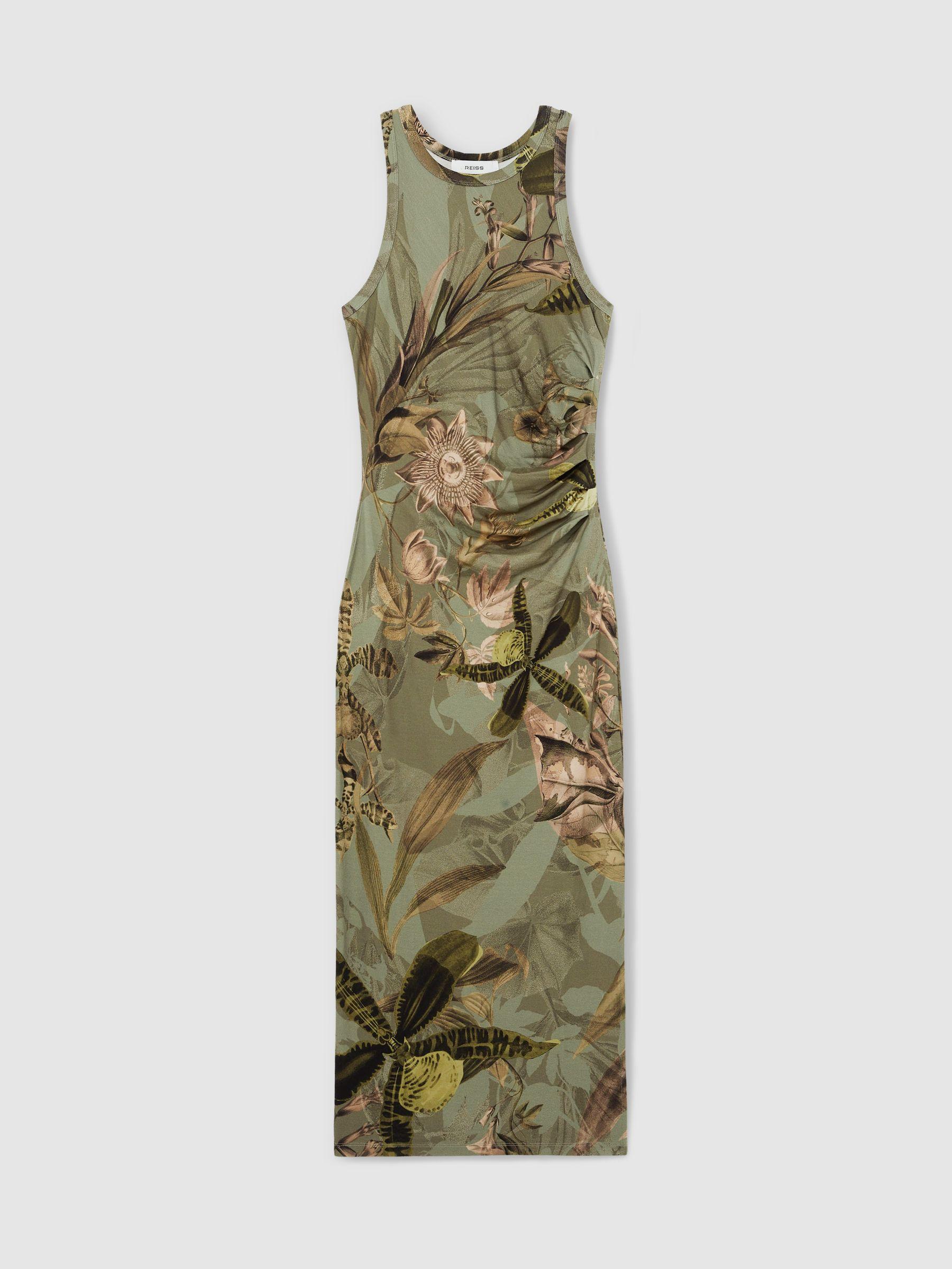Reiss | NYBG Floral Ruched Jersey Dress in Khaki Product Image