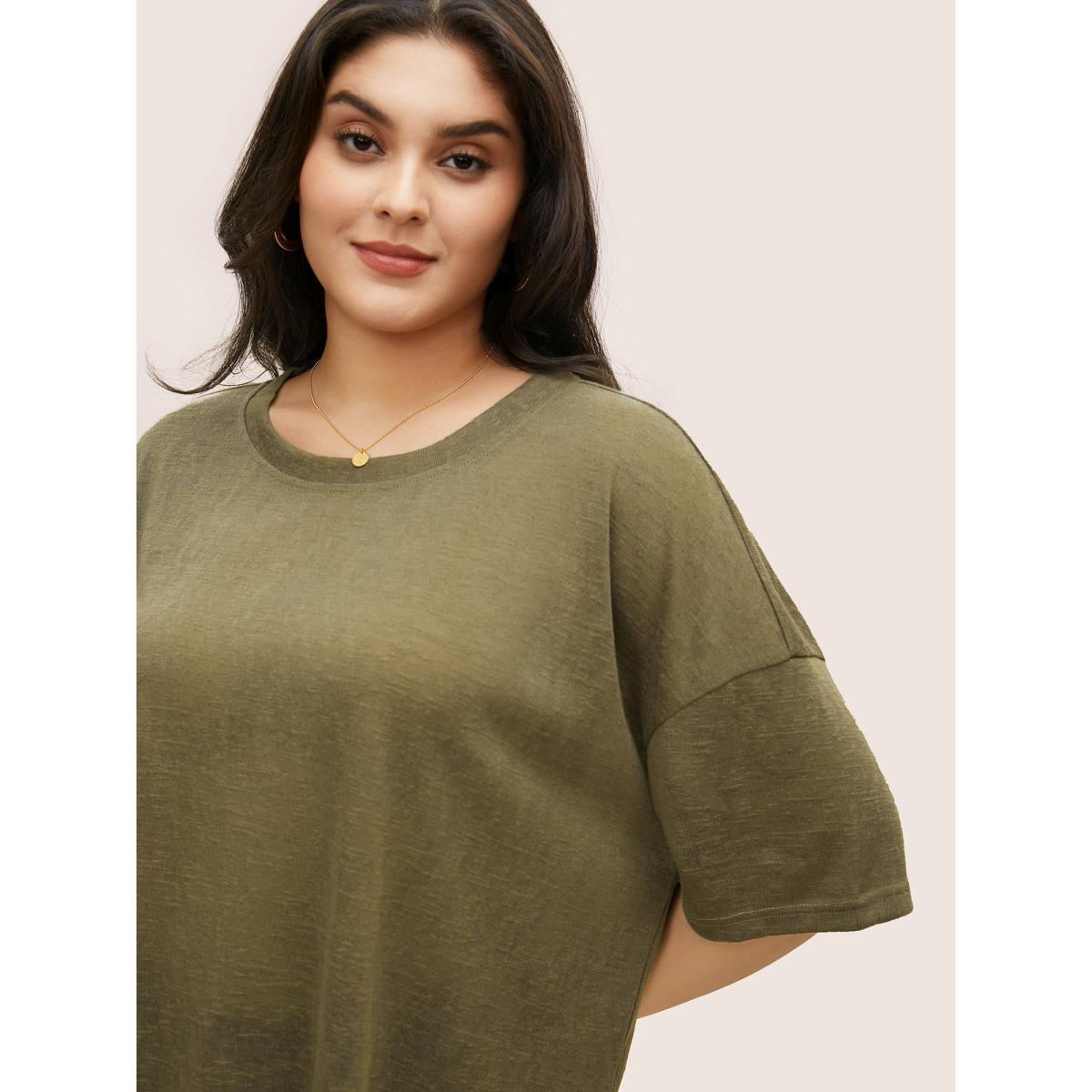 Plus Size Solid Drop Shoulder Split Hem T-shirt ArmyGreen Women Casual Non Plain Round Neck Everyday T-shirts BloomChic 14-16/1X Product Image