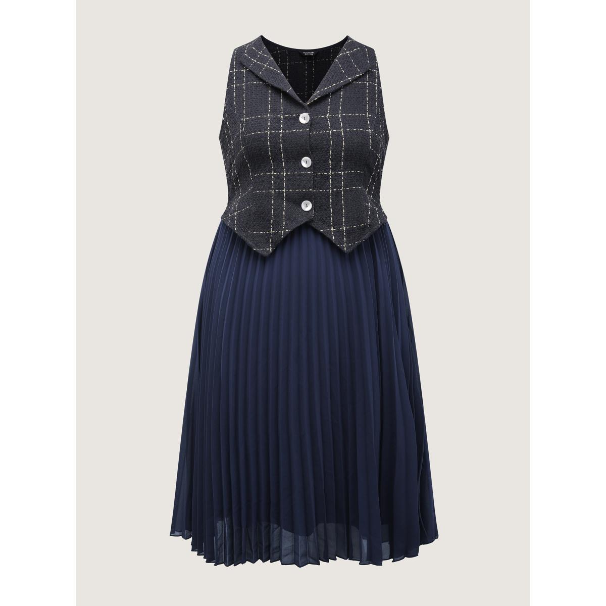 Plus Size Plaid Pleated Skirt Contrast Vest Midi Dress Indigo Women Office Pleated Suit Collar Sleeveless Curvy BloomChic 14-16/1X Product Image