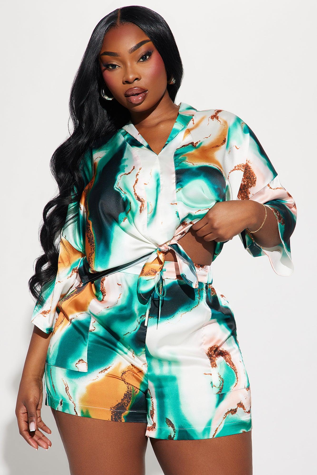 Janice Satin Short Set - Green/combo Product Image