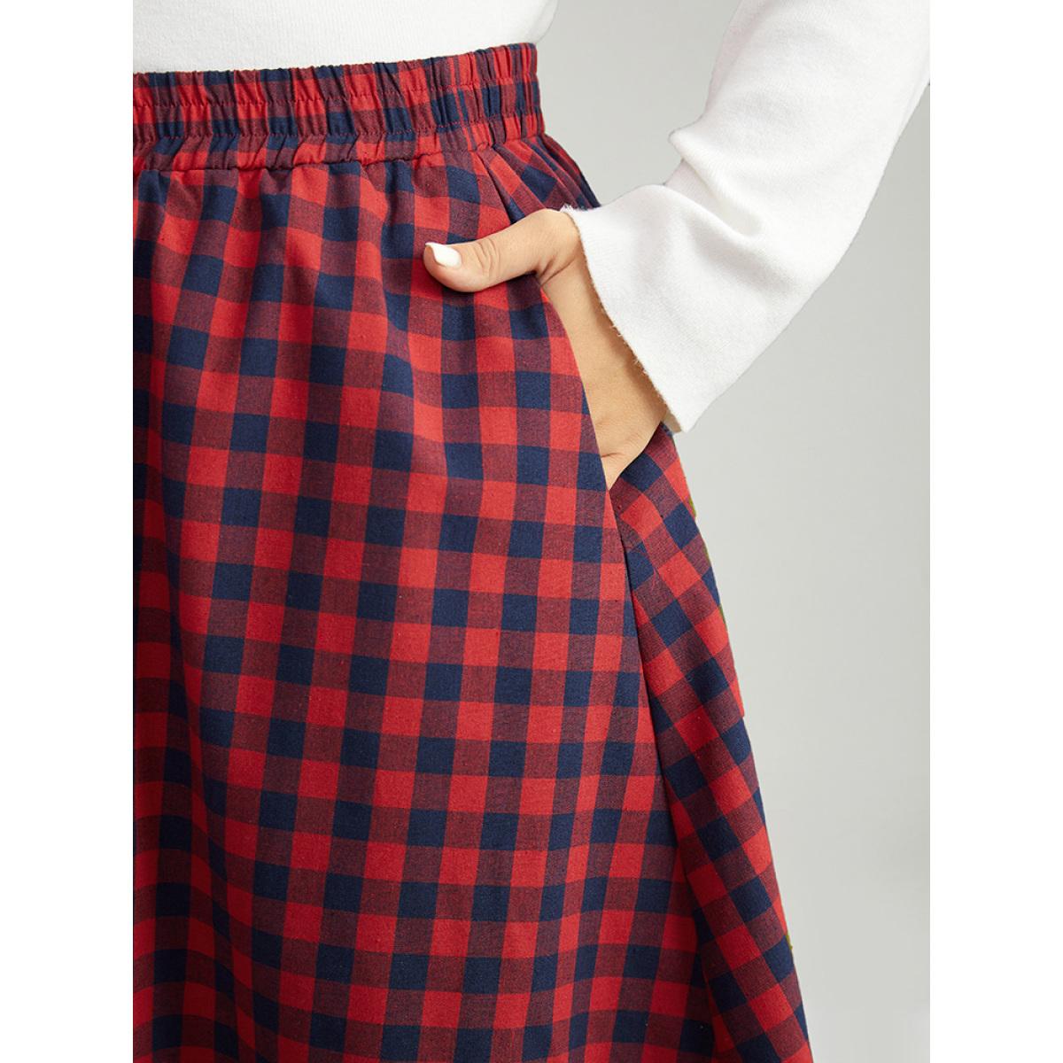 Plus Size Gingham Pocket Elastic Waist Button Detail Skirt Women Scarlet Elegant Elastic Waist Loose No stretch Pocket Festival-Christmas Skirts BloomChic 10/M Product Image
