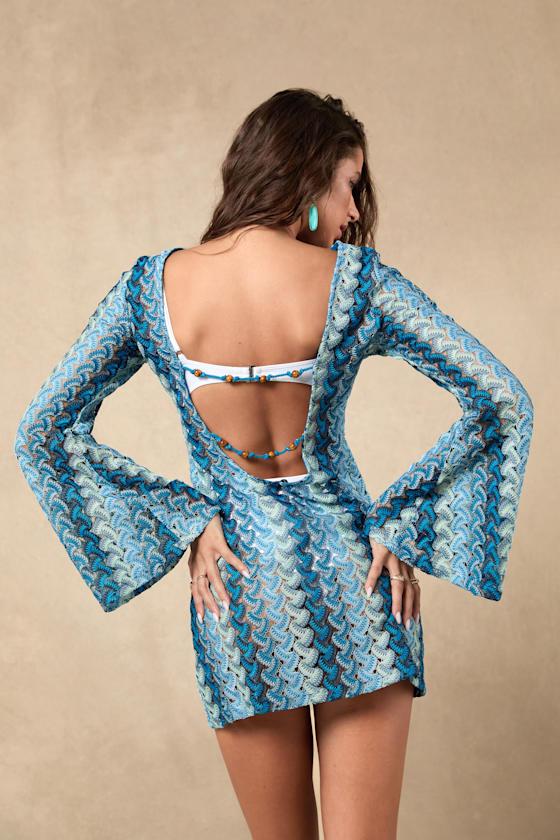 Valestra Blue Striped Crochet Long Sleeve Swim Cover-Up Dress Product Image