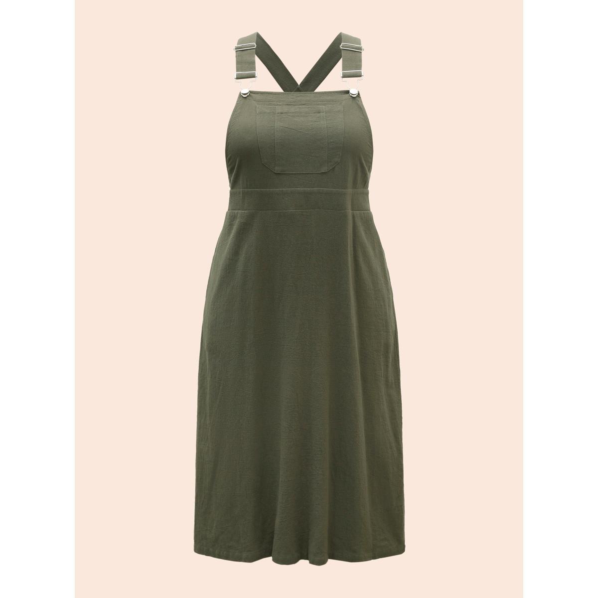 Plus Size Solid Patched Pocket Overall Dress ArmyGreen Women Casual Non Non Sleeveless Curvy BloomChic 10/M Product Image