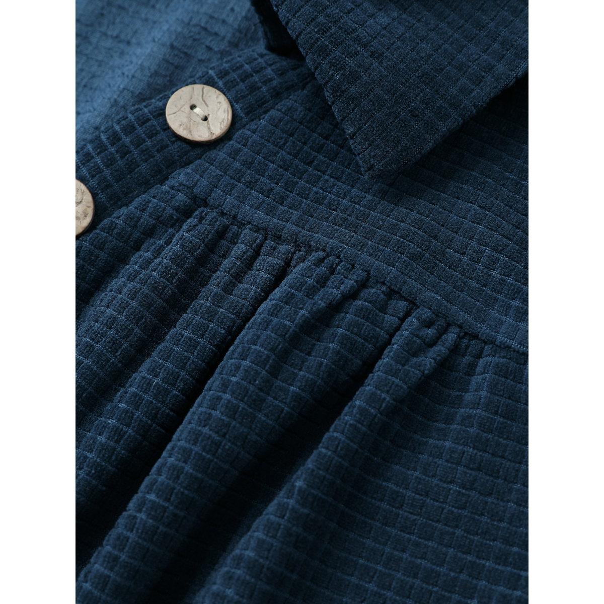 Plus Size Plain Waffle Knit Gathered Button Detail T-shirt Blue Women Casual Texture Plain Polo Everyday T-shirts BloomChic 14-16/1X Product Image