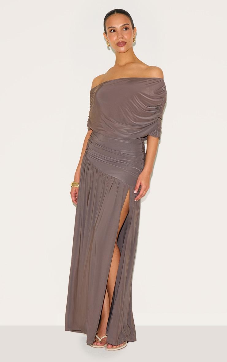 Petite Taupe Double Layer Slinky Bardot One Shoulder Ruched Maxi Dress Product Image