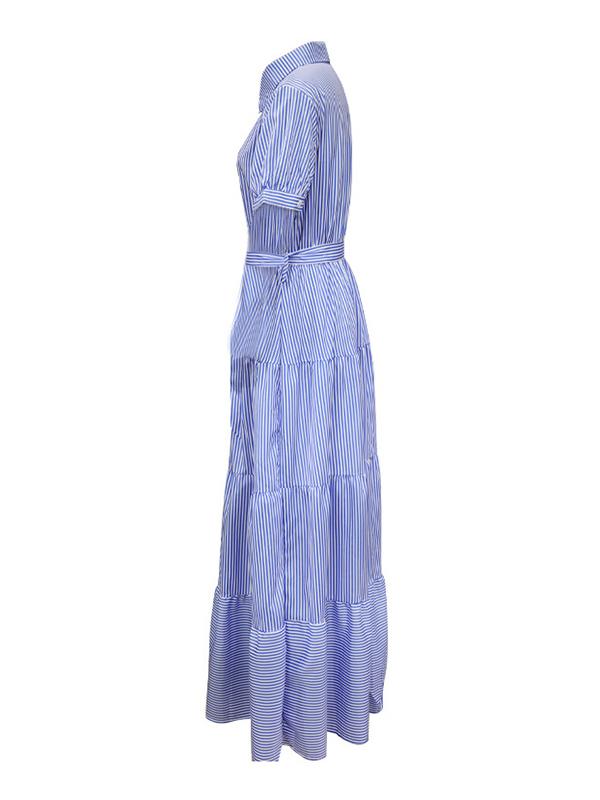 Loose Short Sleeves Striped Lapel Maxi Dresses Product Image
