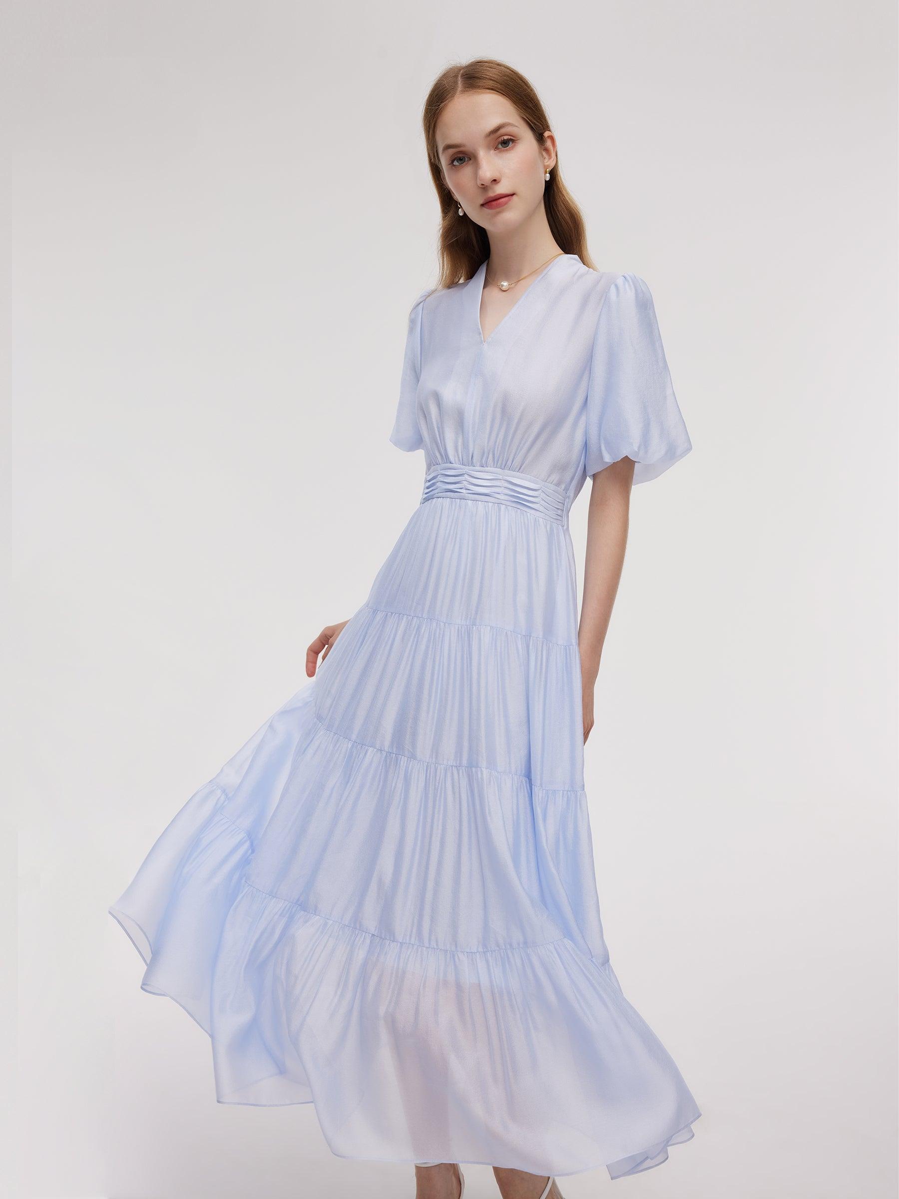 A-Line V-Neck Women Pleated Tiered Maxi Dress Product Image
