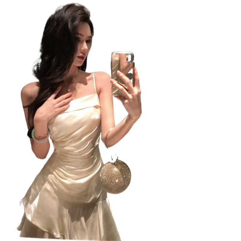 Spaghetti Strap Plain Ruched Ruffle Trim Maxi A-Line Dress Product Image