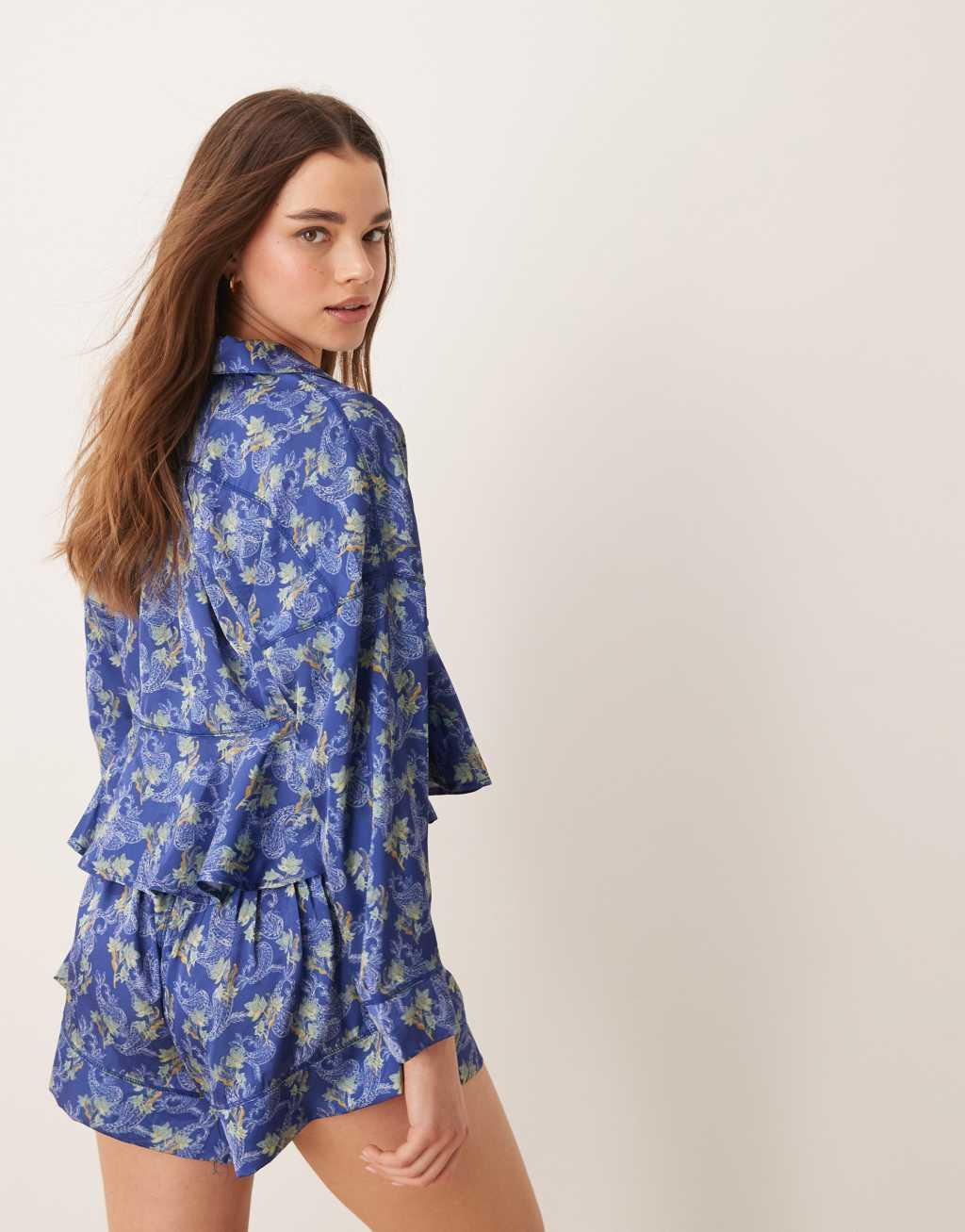 Free People printed satin pajama set in blue Product Image