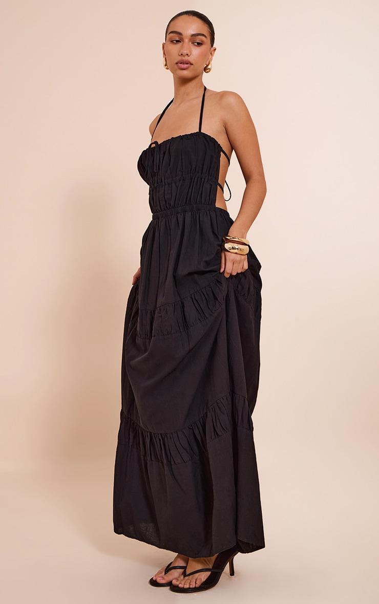 Black Ruched Backless Strappy Maxi Dress Product Image