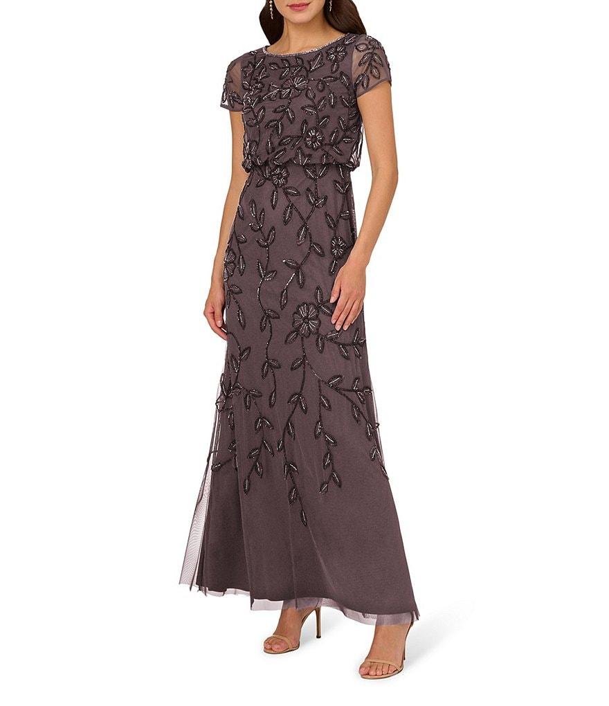 Adrianna Papell Beaded Mesh Boat Neck Short Sleeve Blouson Dress Product Image