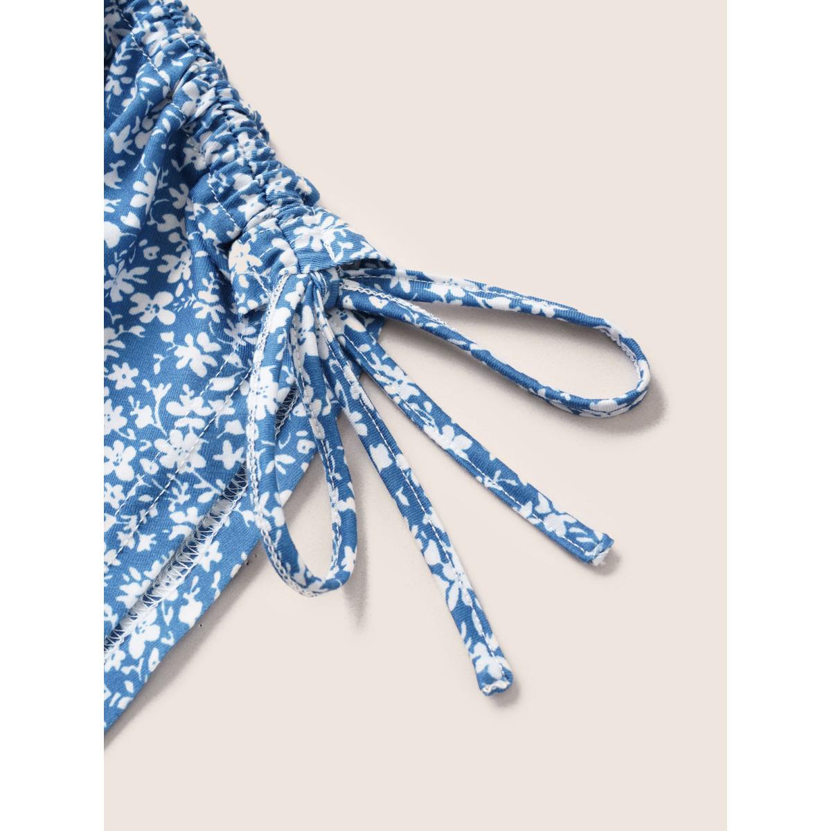 Plus Size Ditsy Floral Drawstring Batwing Sleeve Ruffle Hem Dress Blue Women Elegant Non V-neck Short sleeve Curvy Midi Dress BloomChic 22-24/3X Product Image