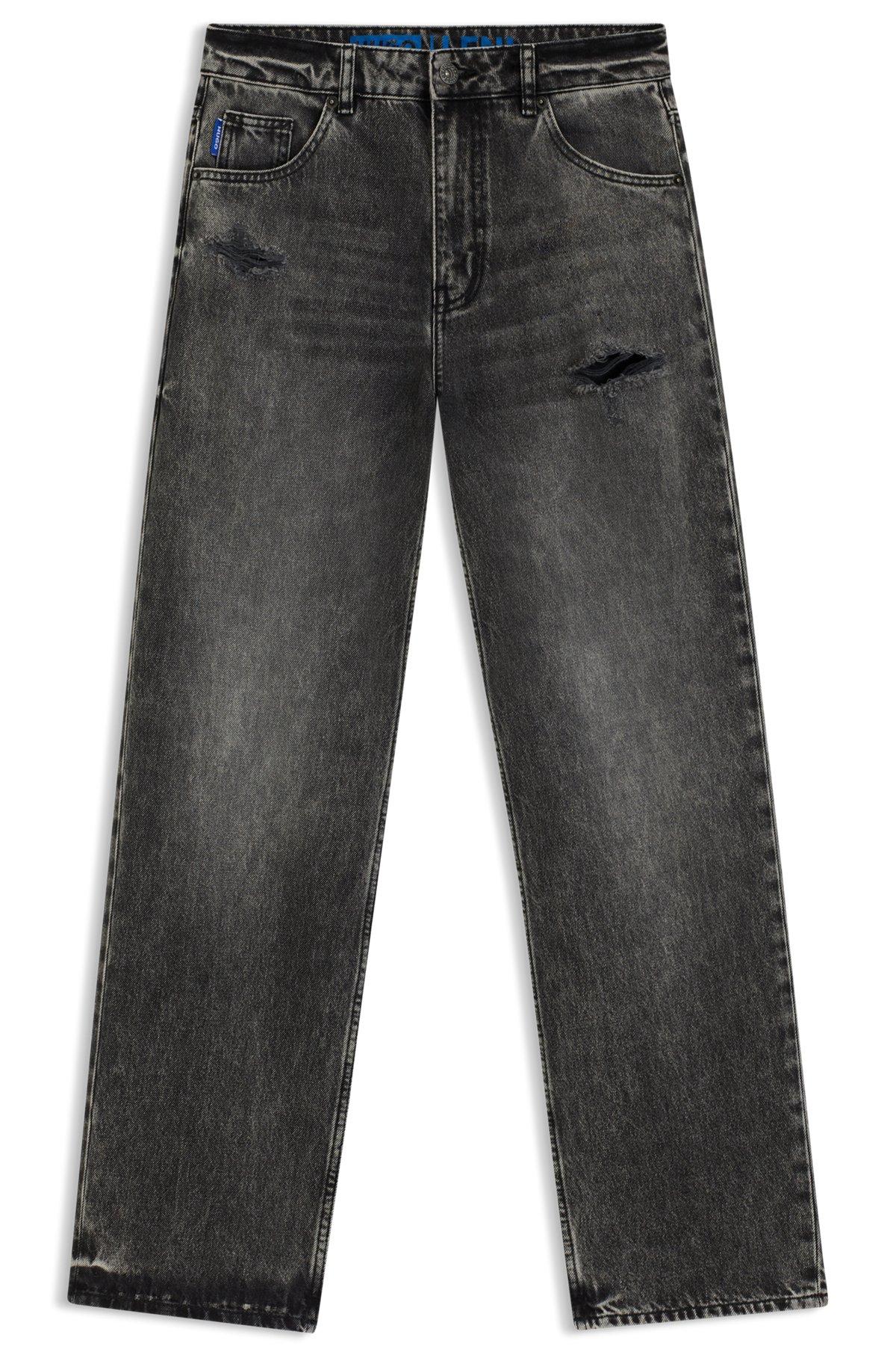 HUGO - Relaxed-fit jeans in distressed rigid denim - Black Product Image