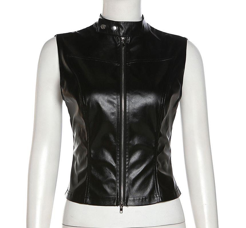 Stand Collar Plain Faux Leather Zip Vest Product Image